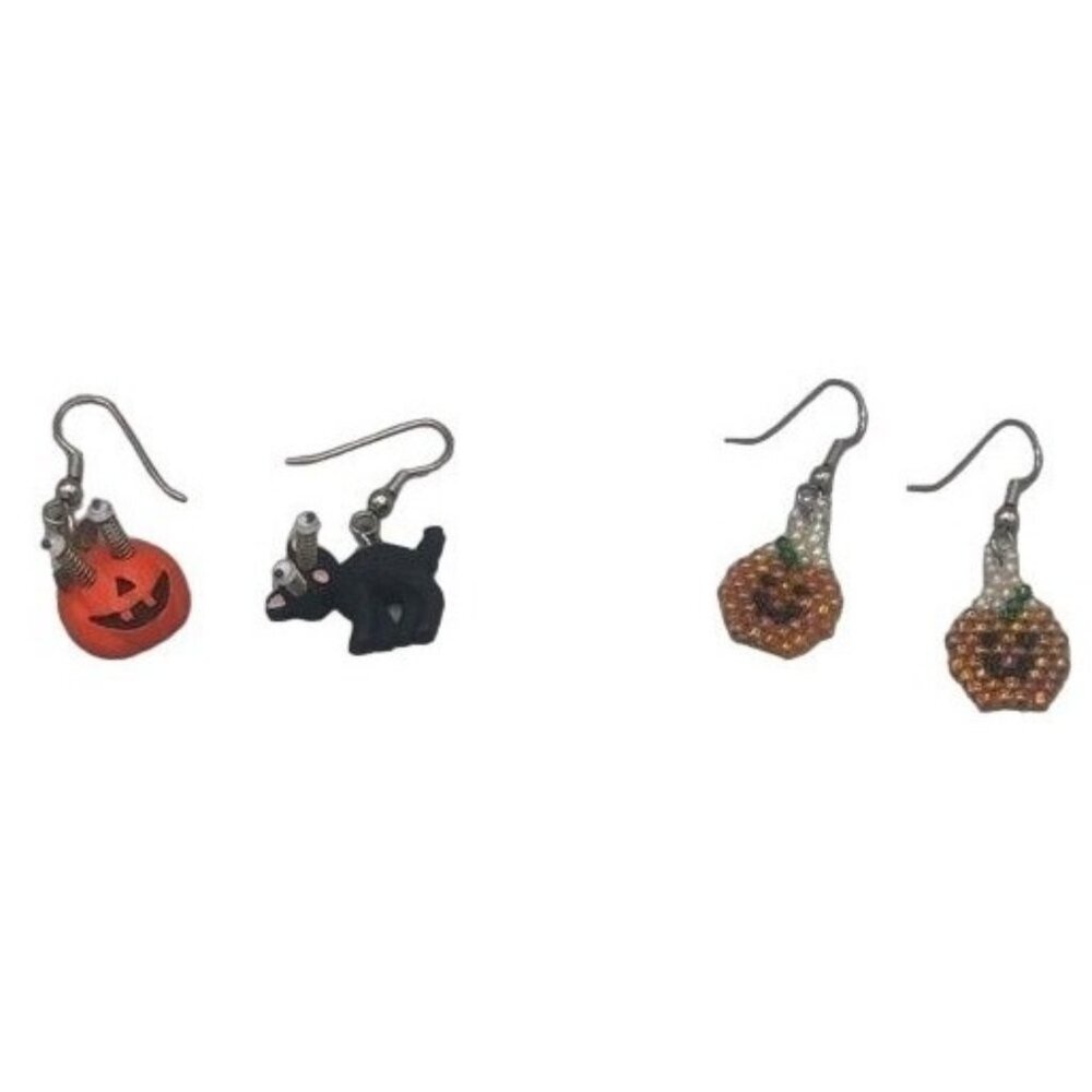 Halloween cat pumpkin set of 2 black orange earrings pierced beaded costume READ